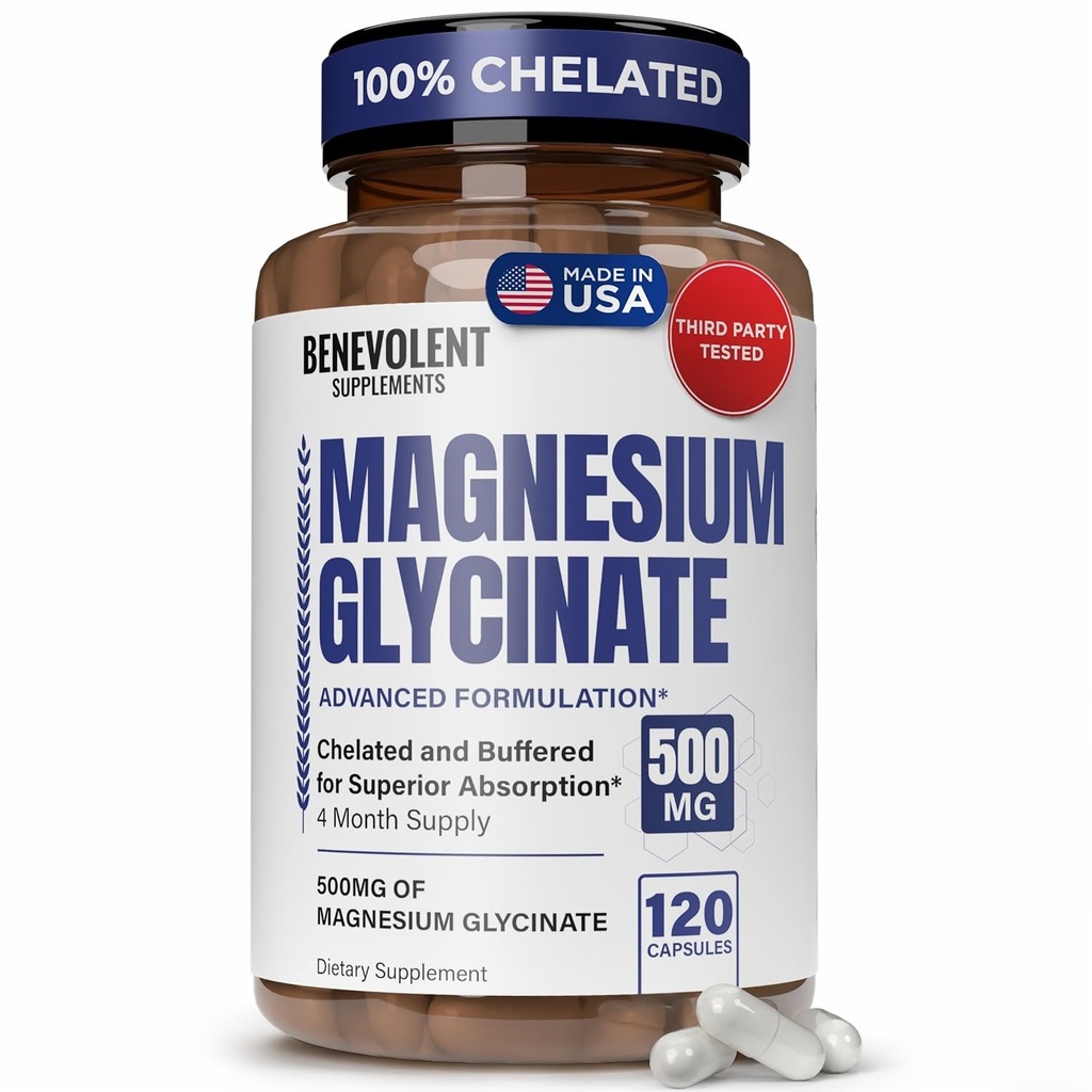 Magnesium Glycinate 500mg - Chelated & Buffered High Absorptie Magnesium Supplement ter ondersteuning van stressverlichting, spijsvertering, bot, slaap, zenuwen en spiergezondheid - Made in USA - 120 Vegan Capsules