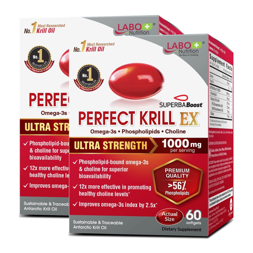 LABO Nutrition Perfect Krill EX, 1000mg Antarctische Krillolie Omega 3 EPA DHA, Hoogste Fosfolipiden (Meer dan 56%) met Choline, Asta-Azur 