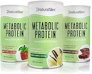 NaturalSlim Variety Treats – Tous les arômes de poudre de protéines de lactosérum métabolique (chocolat, vanille et fraise) - Remplacement de repas à faible teneur en glucides, mélange de smoothie, shake protéique