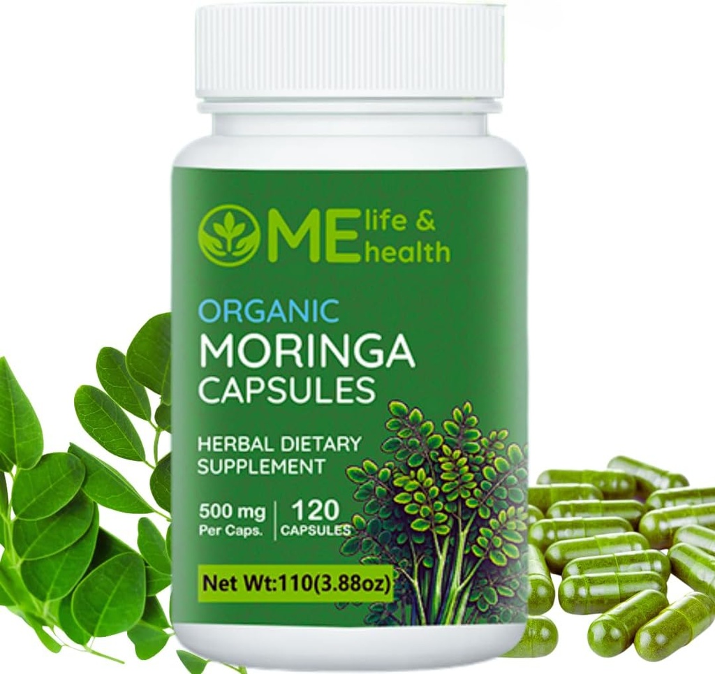 ME LIFE & Health Health Moringa Capsules, 100% Organic Moringa oleifera Leaf, Pure Moringa Powder, Mmune System, Essentiële Vitaminen & Aminozuren Non-GMO & Gluten Free, Pure & Natural 120 ct. 500mg caps