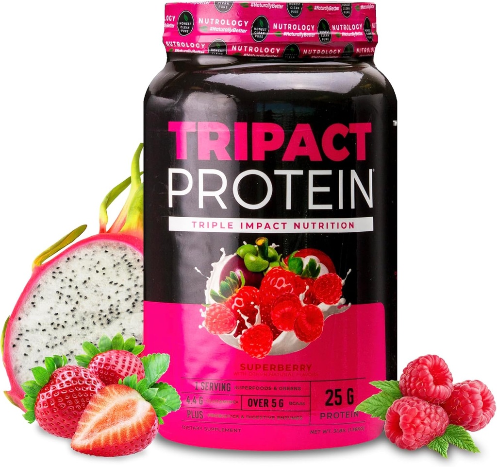 Nutrologie TRIPACT Proteïnepoeder - 7-in-1 Maaltijd Vervangingsshake met gras Fed Wei Proteïne Poeder, Pea, Rijst, Groenen voor Muscle Recovery & Immunity, Superberry Flavor, 40 Servers