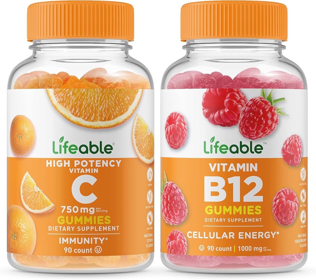 Levensvatbare vitamine C 750mg + Vitamine B12, Gummies Bundle - Grote Proeverij, Vitaminesupplement, Glutenvrij, GGO-vrij, Kauwgom