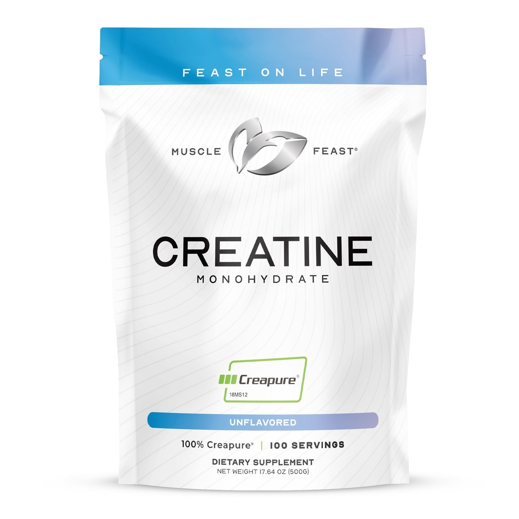 Muscle Feast Creapure Creatine Monohydraat Poeder, Vegan Keto Vriendelijk Glutenvrij, Mass Gainer, Muscle Recovery Supplement en vertrouwde Creatine voor spiergroei, Creatine Powder, Unflavored, 500g