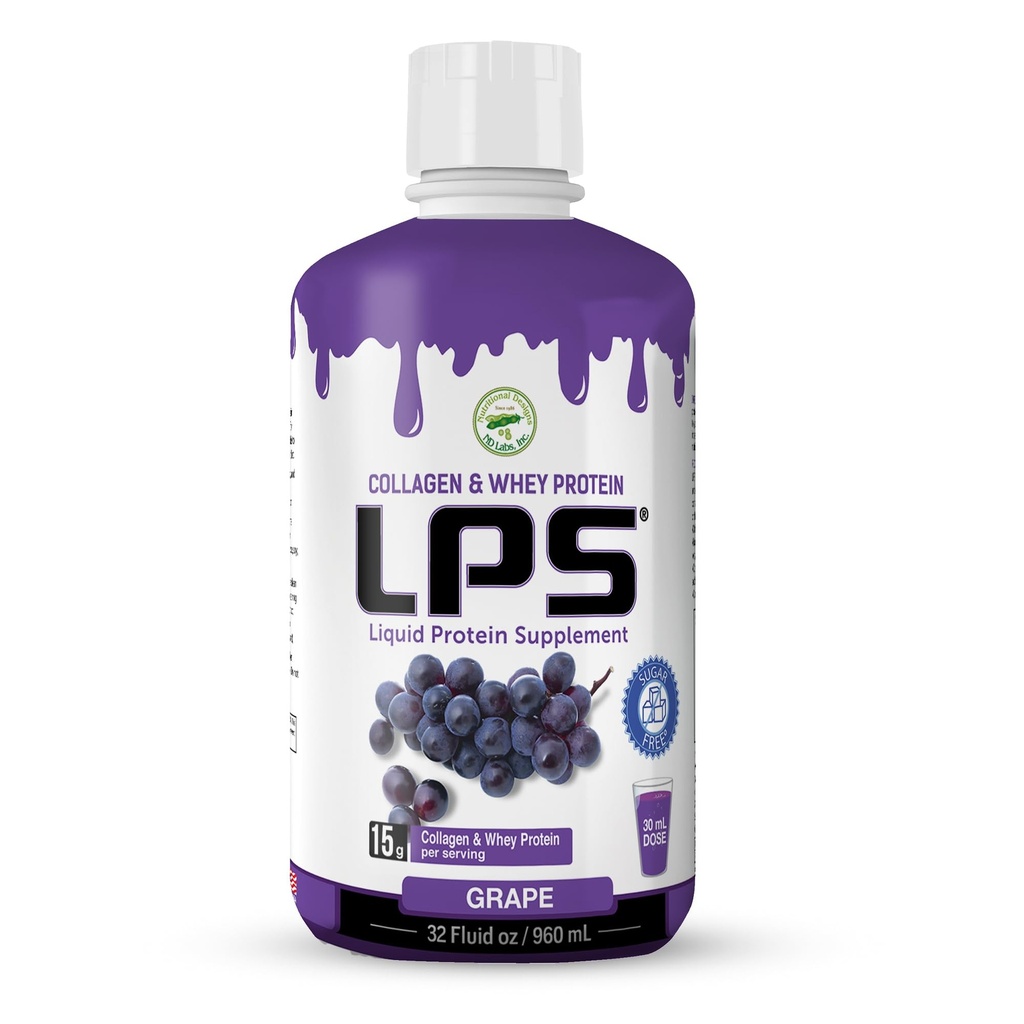 LPS Collagène liquide et supplément de protéines de lactosérum - sans sucre, sans colorant, boisson non-OGM - collagène hydrolysé et peptides de lactosérum favorise une peau et des cheveux sains pour les hommes et les femmes, le raisin, 32 fl oz
