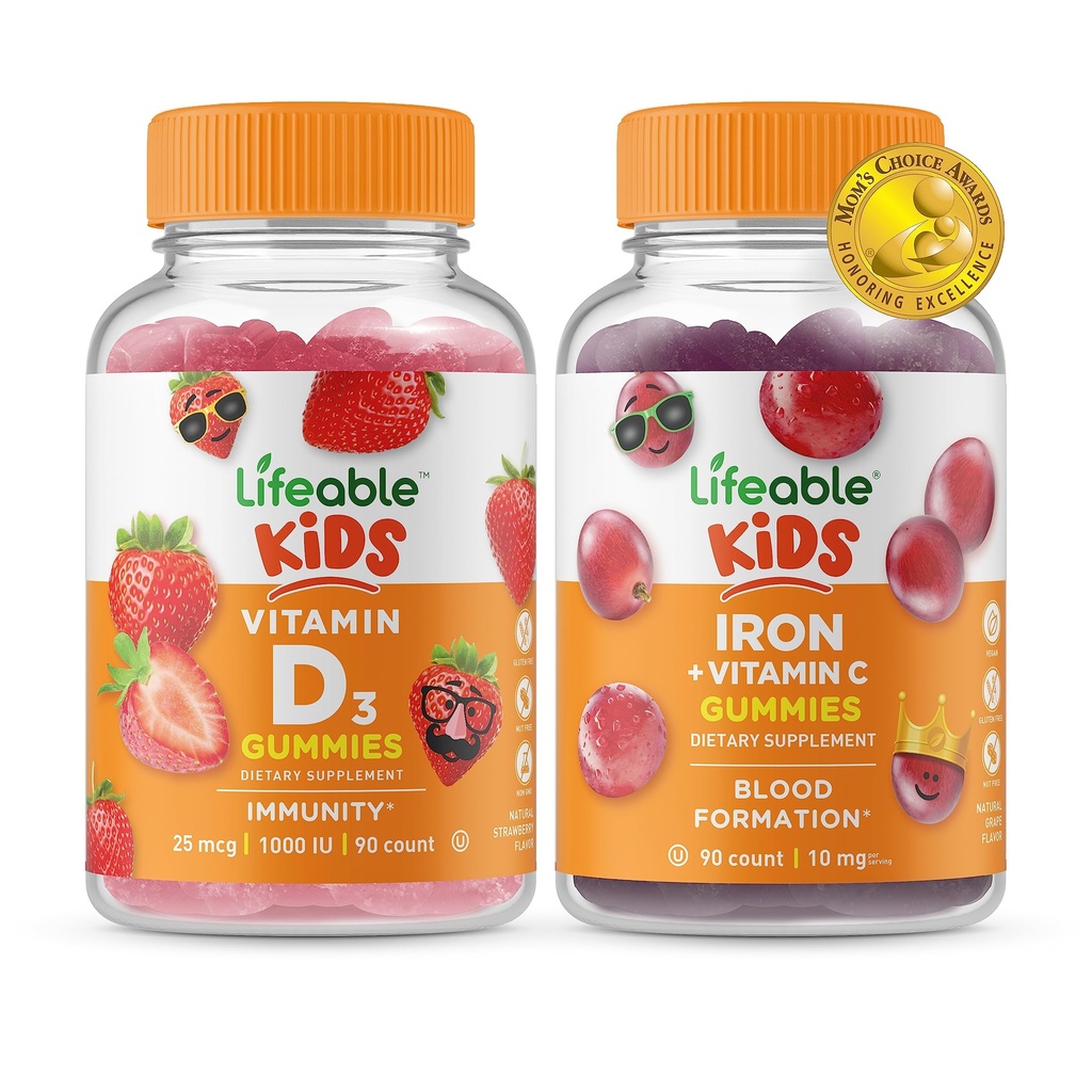 Levensvatbare vitamine D Kids + Iron & Vitamin C Kids, Gummies Bundle - Grote Proeverij, Vitamine Supplement, Glutenvrij, GGO-vrij, Kauwgom