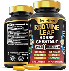 Supplément d'extrait de feuille de vigne rouge - Formule 7in1 - Combiner avec Châtaigne de cheval, racine de betterave, baies d'açai, baies d'arête, ail et poivre noir - 150 capsules pour 75 jours d'approvisionnement