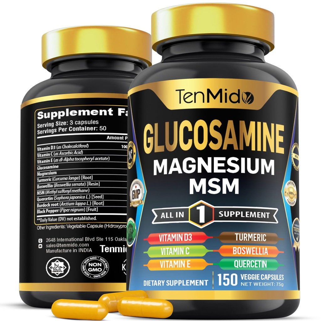 Glucosamine MSM Supplement voor mannen en vrouwen - 11in1 Formule - Combineer met Magnesium, Turmeric, Boswellia, Quercetin, Burdock Root, en Meer .. Gezamenlijke & Mobiliteit Ondersteuning - 150 Capsules