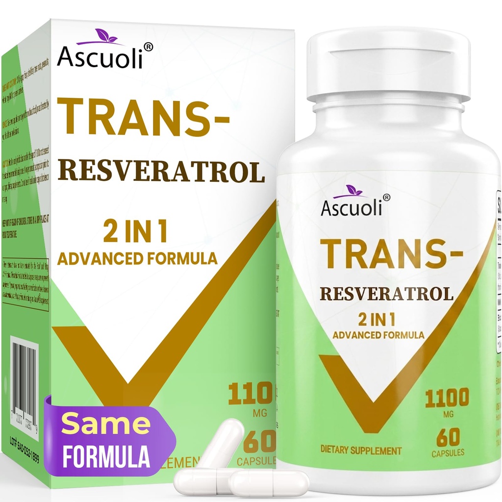 99% Ultra Purity Trans-Resveratrol 1100mg, 3-in-1 Advanced Formula Organic Resveratrol Supplement, Max Antioxidant, Anti-Aging, Huidgezondheid, Cell Repair, Boost NAD+, Immune & Energy, 60 Caps