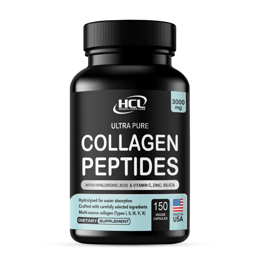 HCL HERBALE CODE LABS Collageen Peptides Powder with Vitamin C & Hyaluronic Acid - Cleanest Sources & Super High Absorptie - Hydrolyzed Multi Type I, II, III, V, X - Skin Hair Supplement (Capsules)