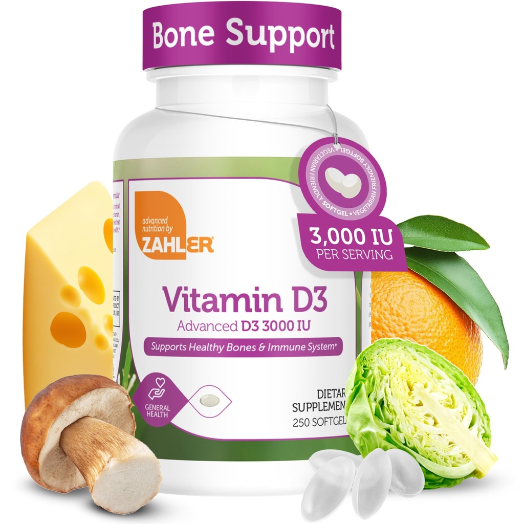 Zahler Vitamine D3 3000IE, Vitamine D3 Supplement 3.000 IE, Gecertificeerd Kosher (250 Softgels)