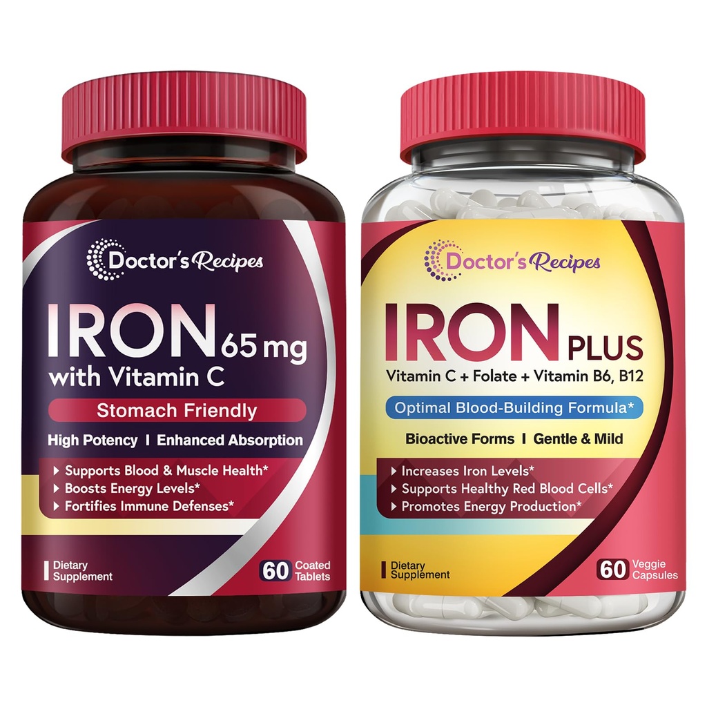 Recepten Iron 65 mg & Iron Plus Bundle, gezonde ijzerniveaus & Blood Support, Iron Tablets 60 ct & Iron Capsules 60 ct