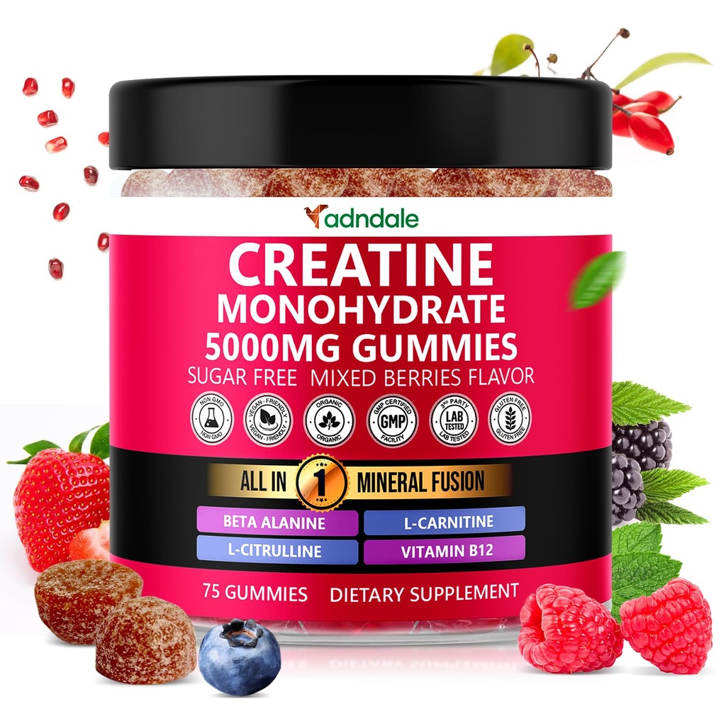 Adndale Creatine Monohydraat Gummies for Men & Women, 5000mg per Serving Creatine Supplement with Beta-Alanine, L-Citrulline & B12 - 75 Vegan Gummies. Suikervrij