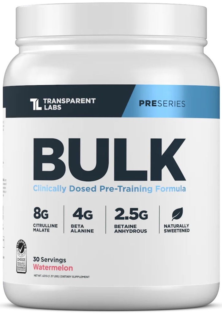 Labs transparents en vrac pré-entraînement en poudre - naturellement sucrée pré-entraînement pour les hommes et les femmes, pré-travail pour la construction musculaire et la force w/Beta Alanine & BetaPure - 30 portions, pastèque