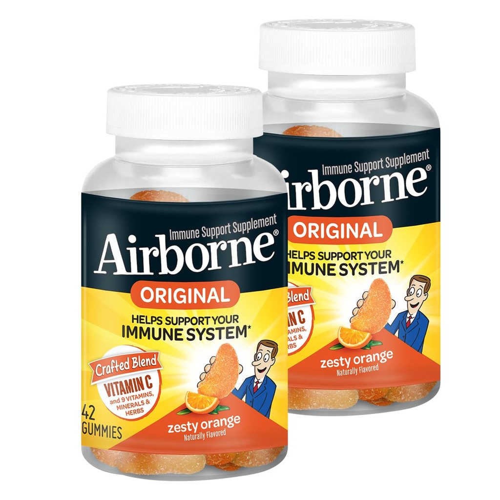 Airborne 750mg Vitamine C Supplément de soutien immunitaire Gommies pour adultes, saveur orange zeste, mélange sans gluten avec des antioxydants puissants Vitamines C & E, 42 Gommies (2 Pack)