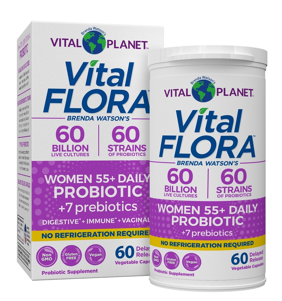 Planète Vital - Probiotiques de Flore Vital pour les femmes de plus de 55 heures Stable Probiotique 60 milliards CFU, 60 souches diverses, 7 prébiotiques organiques, soutien immunitaire et santé digestive 60 capsules