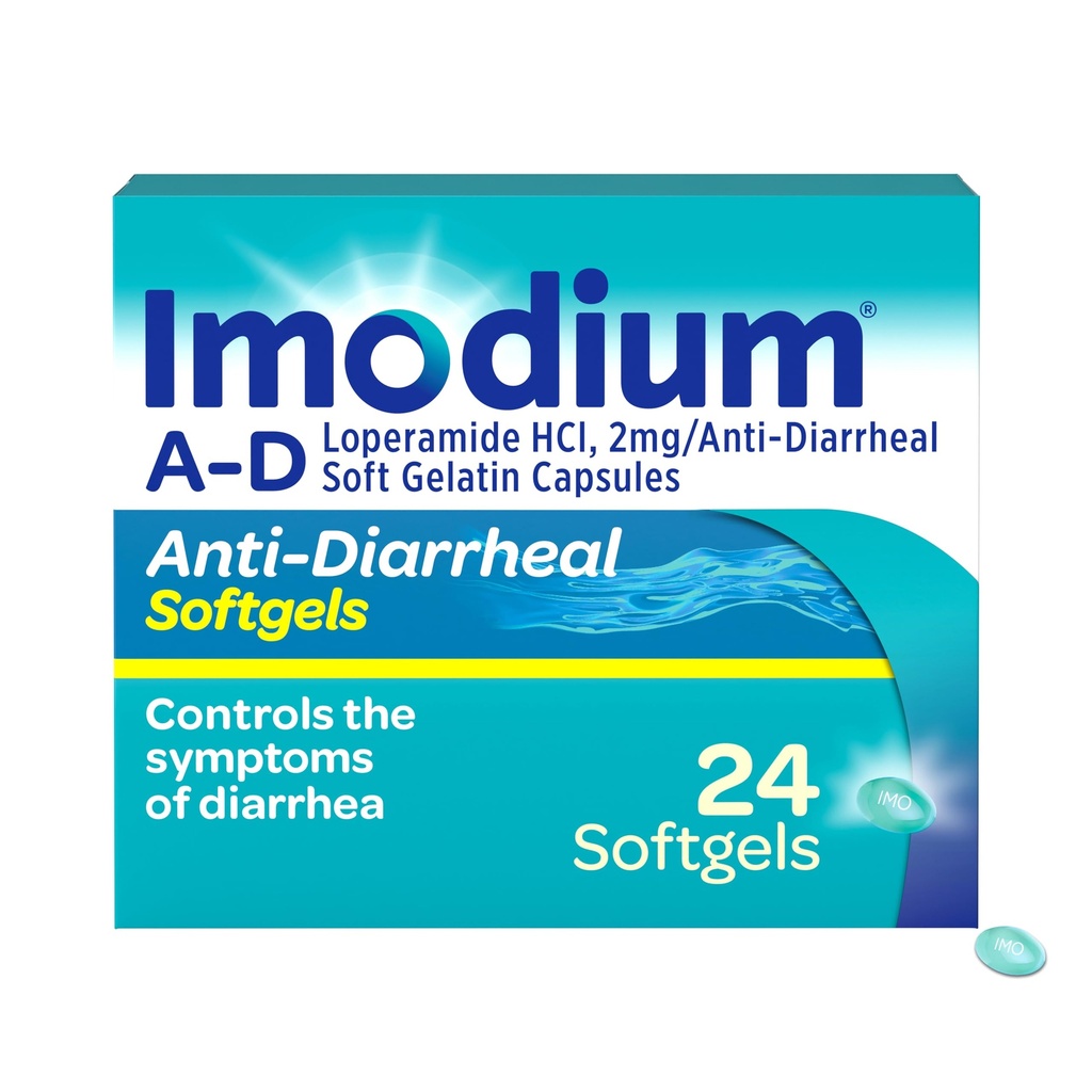Imodium A-D Fast-Acting Anti-Diarree Softgels, Loperamide HCl 2 mg, Travel Essential Diarree Relief Medicine for Adults, 24 Telling, Anti-Diarree Pillen, Leeftijden 12+, Makkelijk doorslikken
