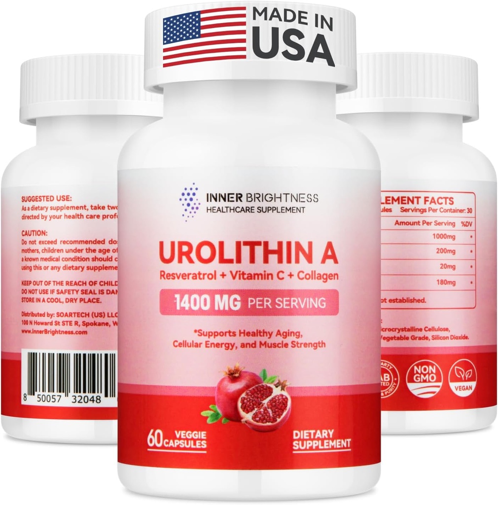 Urolithine A Supplement 1400 MG - Non-GMO, Glutenvrij, Anti-aging, Cellular Revitation, Muscle Strength, Endurance & Longevity Support, Liposomal Urolithin A, 60 Tel.