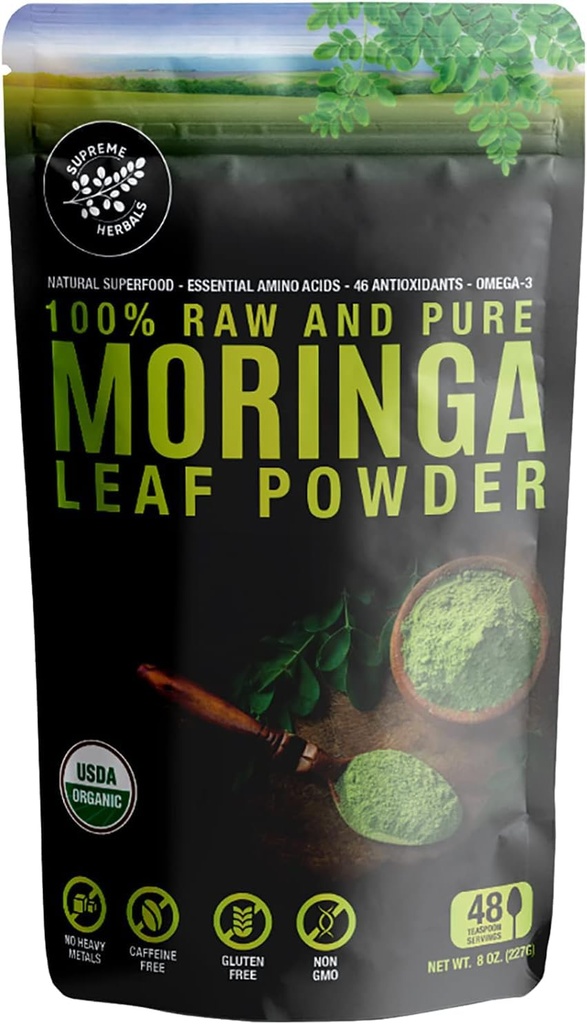 100% Rauw en puur Moringa Leaf Poeder. Organic Certified Moringa Leaf. Natuurlijke Superfood met essentiële aminozuren, antioxidanten, en Omega 3, 8 oz Hersluitbare zak.