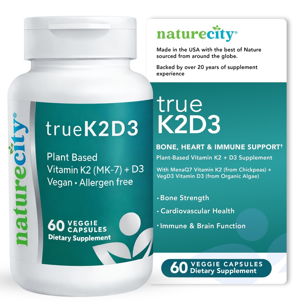 NatureCity TrueK2D3 Vitamine à base de plantes K2 MK7 (90 mcg) et D3 d'algues (2 500 UI) 2 en 1 Vitamine D3 K2 Supplément pour la santé des os, du coeur et des immunes – 60 Capsules de légumes