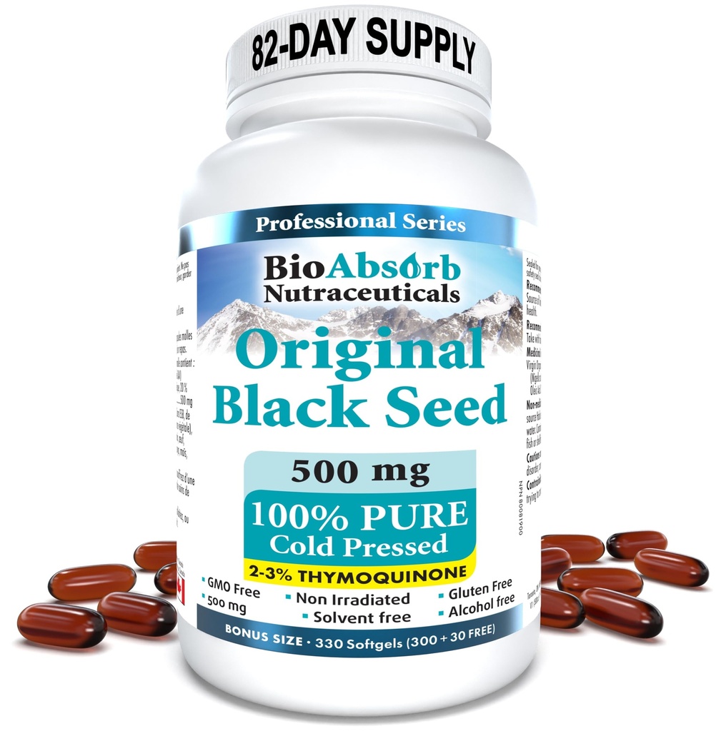Bio Absorb Capsules d'huile de cumin noir, approvisionnement de 82 jours, huile de cumin noir pur pressé à froid (Nigella Sativa) (330 softgels, 500mg)