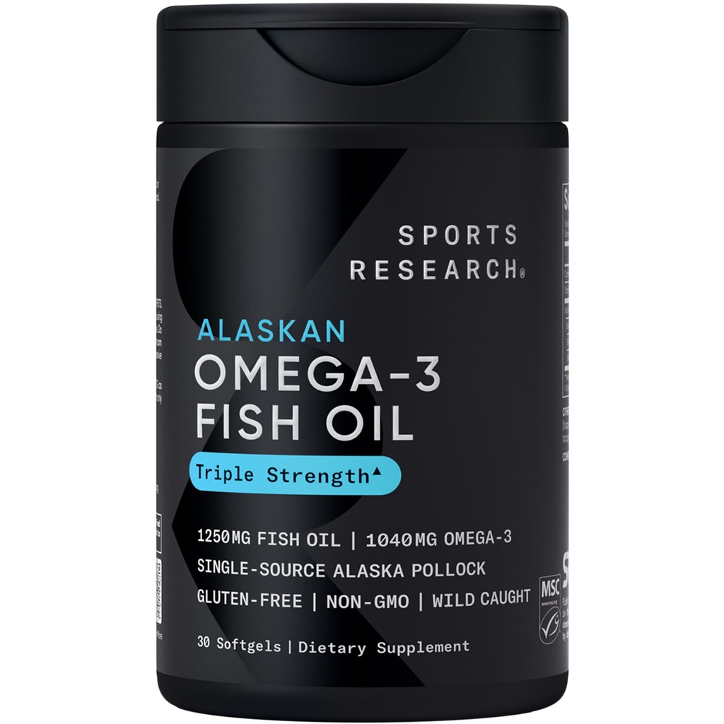 Sportonderzoek Triple Strength Omega 3 Fish Oil 1250mg van Wild Alaska Pollock - Burpless Fish Oil Supplement met Omega-3 EPA & DHA - Duurzaam geproduceerd, Non-GMO, Glutenvrij - 30 Softgels