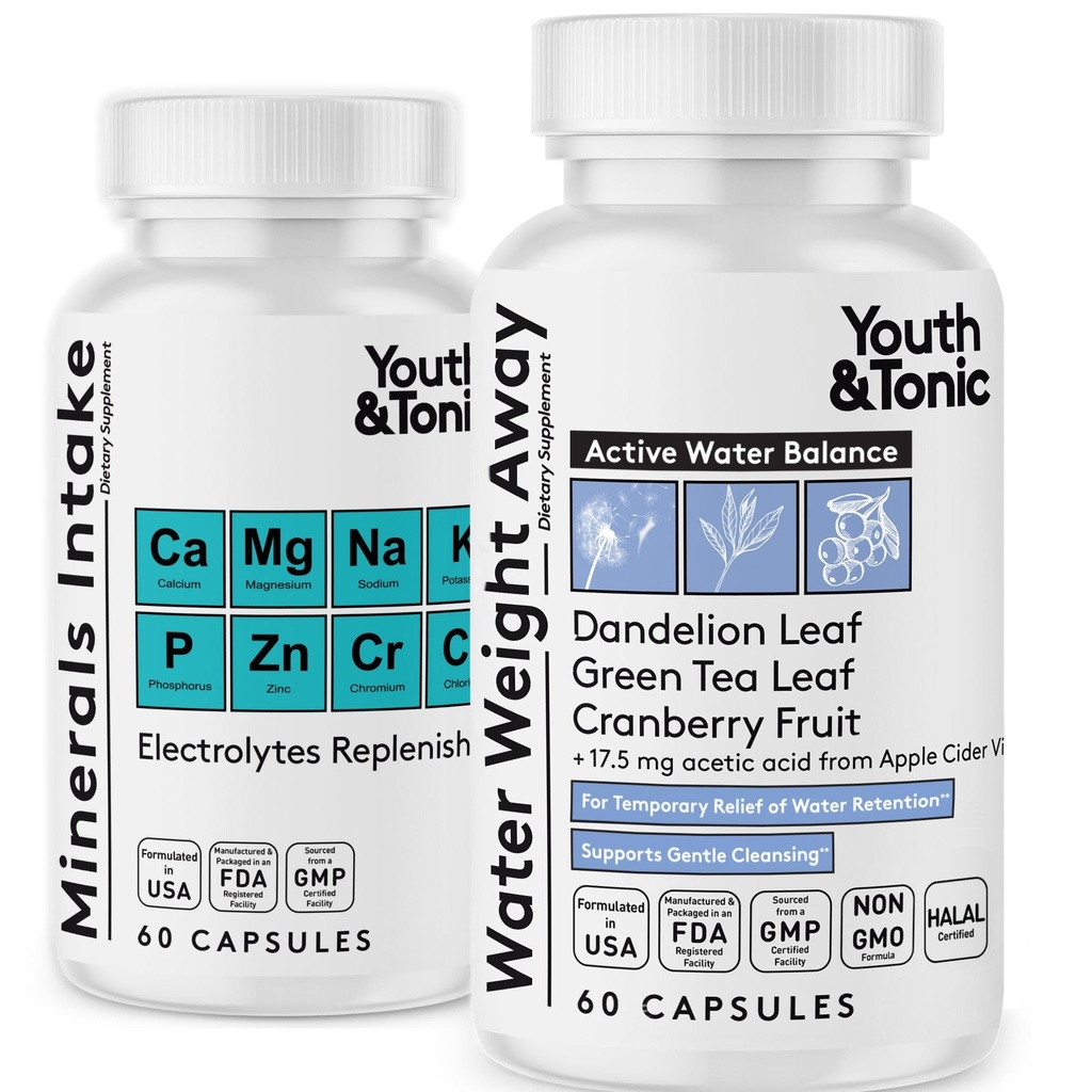 Watergewicht pillen voor dunne waistline Belly Bloating Zwelling & Tijdelijke Waterretentie + Elektrolyten Replenish as Natural Diuretic Supplement for Woman & Men 120 Capsules by Youth & Tonic