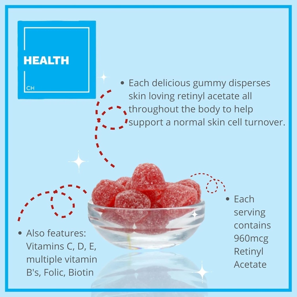 Consult Health Regenerol - Multivitamine Retinol Gummy - Anti-Aging Vitamine A Supplement - Glowing, Youthful & Clear Skin Strong Hair & Nails - Vitamine B6, B12, C,D3, Folic Acid, Zink - 60 Gummies