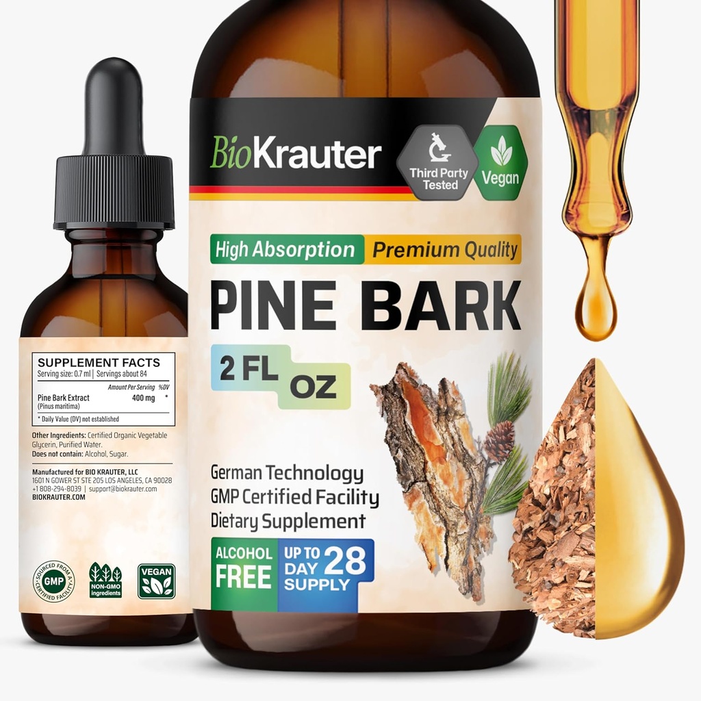 BIO KRAUTER Pine Bark Extract - Rijk aan antioxidanten Liquid Supplement - 400 mg Franse Maritime Pine Bark Extract Drops - Vegan, Alcohol & Sugar Free - 2 Fl Oz