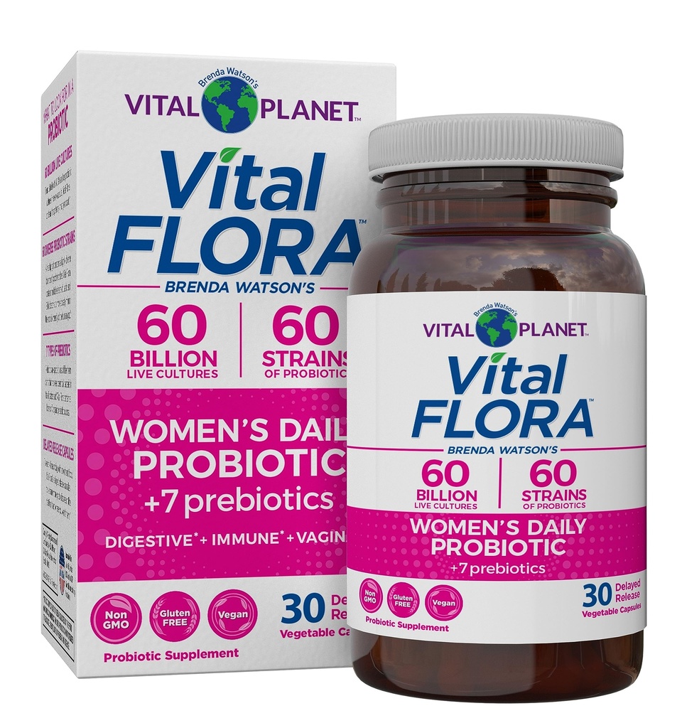 Planète Vitale - Vital Flora Womens Probiotique quotidien 60 milliards CFU, 60 souches diverses, 7 prébiotiques organiques, soutien vaginal et immunitaire, Bloating, probiotiques de santé digestive pour les femmes 30 capsules