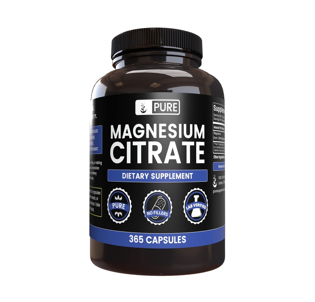 Pure originele ingrediënten Magnesium Citroen (365 Capsules) Geen Magnesium of Rijst Fillers, altijd zuiver, Lab geverifieerd