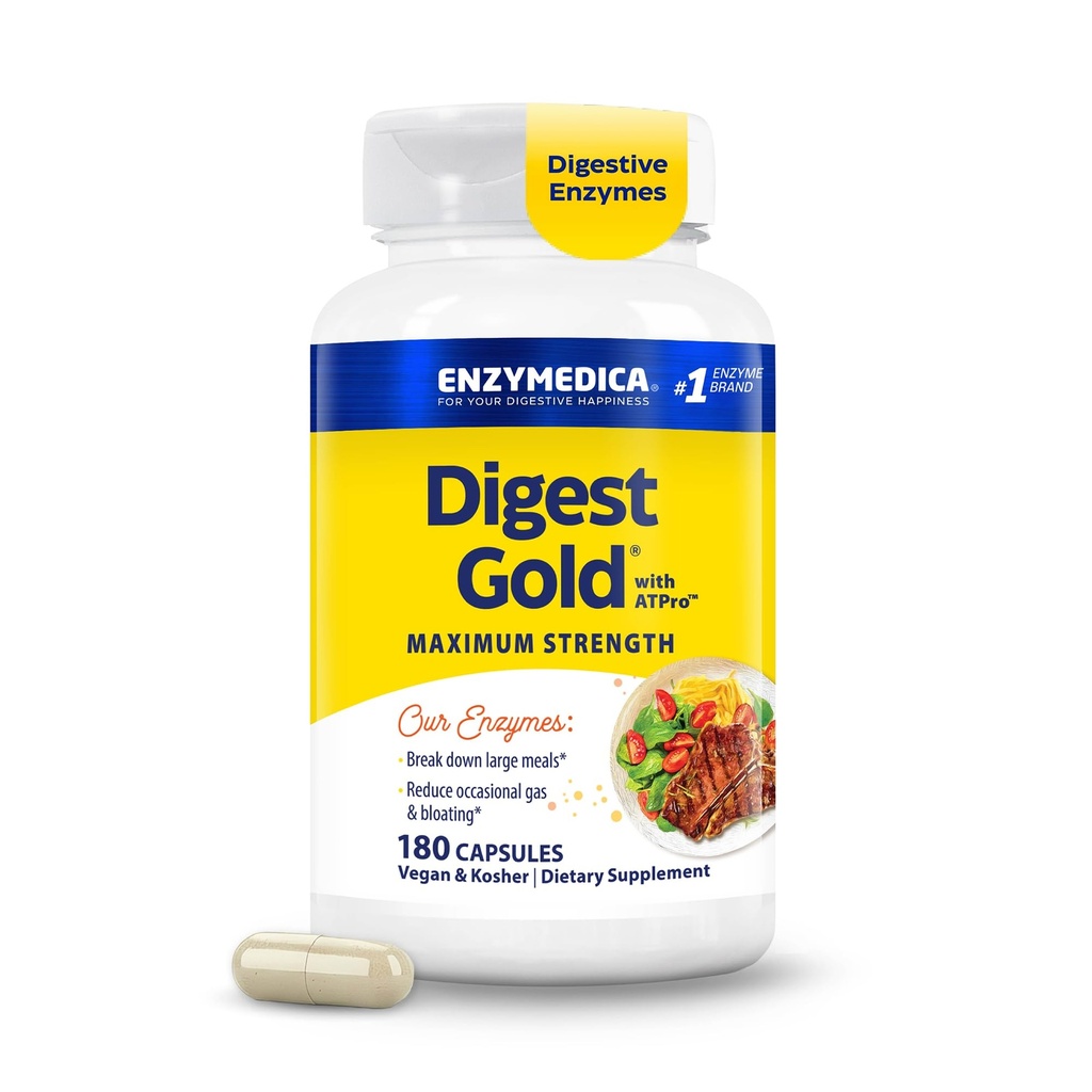 Enzymedica Digest Gold + ATPro, maximale sterkte, snelle werking, helpt Digest Large Meals, voorkomt opgeblazenheid en gas, 180 Telling (FFP)