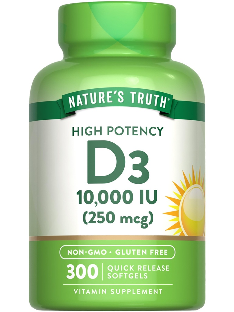 De waarheid van de natuur Vitamine D3 10000 IE Softgels 300 Telling Extra Sterkte Niet-GMO en Glutenvrij Supplement