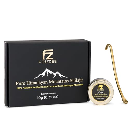 FOUZEE Pure Himalayan Mountains Shilajit - 77% + Acid Fulvic Authentic Hard Constance, source naturelle de l'acide Fulvic, plus de 85 minéraux traces, y compris la cuillère en acier inoxydable (10 Grams)