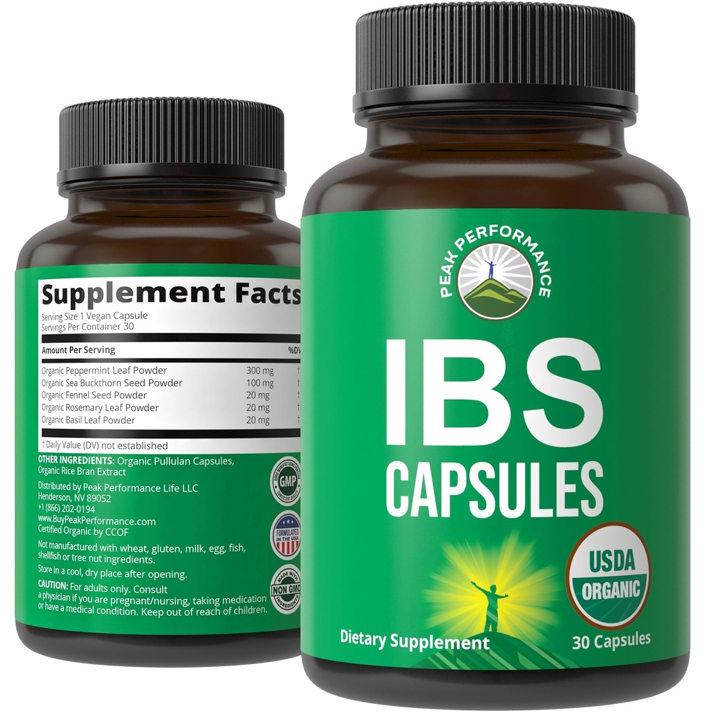 USDA Organic IBS Capsules for Relief, Ingestion, Bloating, Gas - Irritable Bowel Supplement with 5 Handpicked Organic Ingredients - Peppermint Oil, Sea Buckthorn, Fennel Seed, Rosemary Leaf, Basil