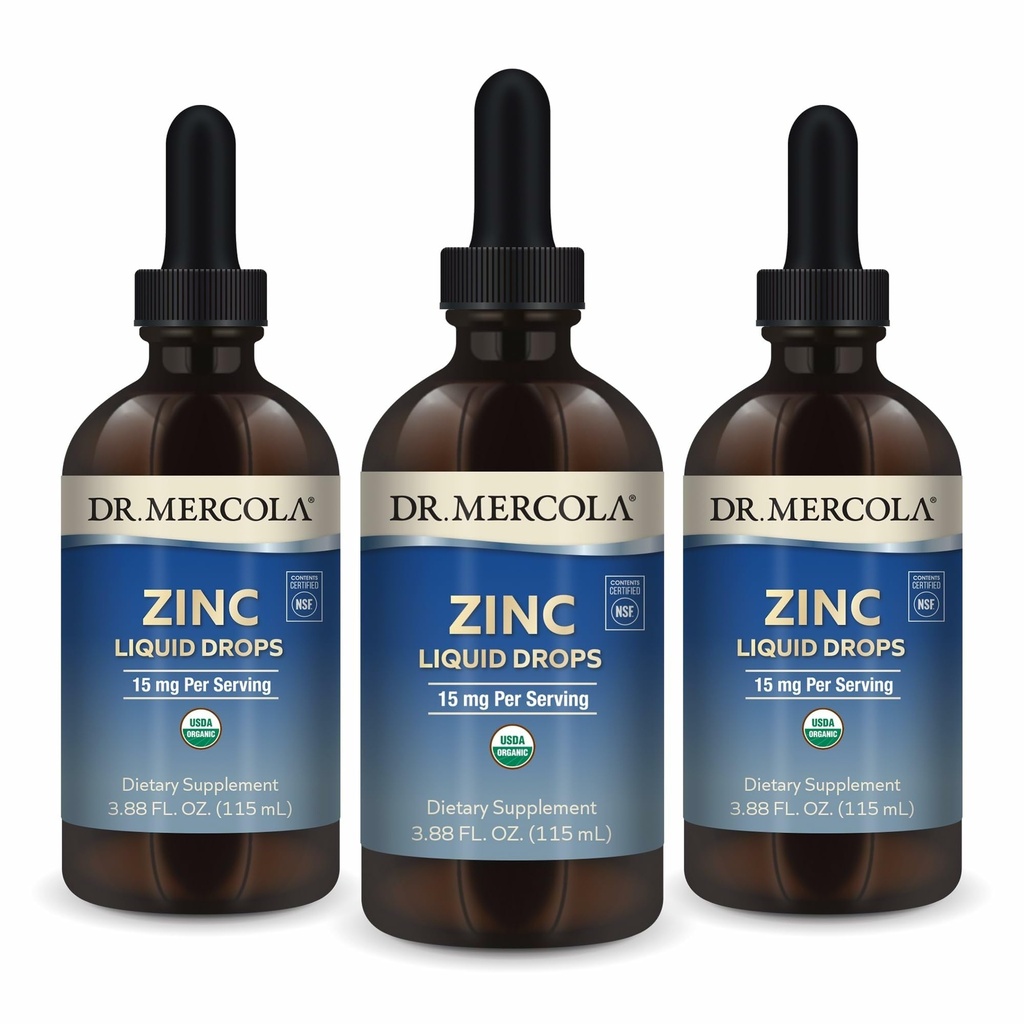 Dr. Mercola Zinc gouttes liquides - soutient la santé immunitaire et des organes - 15 mg gouttes liquides de zinc biologique - USDA biologique - NSF certifié - Non-OGM, sans gluten et sans soja - 3,88 fl oz (3 pack)