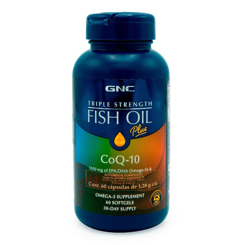 GNC Triple Strength Fish Oil Plus CoQ10 Omega 3 Supplement, 1000mg EPA en DHA, 100mg CoQ10, Heart and Circulatory Health, Plus Skin, Joint, Brain, and Eye, Coated to Control Fishy Burps, 30 Servings