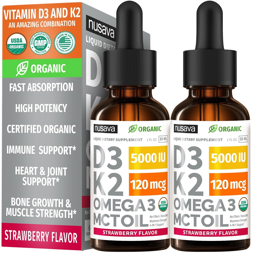 (2 verpakkingen) Biologische vitamine D3 K2 druppels 5000 IE met MCT olie Omega 3 - Maximale sterkte vloeibare D3 zonder fillers, Non-GMO voor snellere absorptie, Immune Support (Strawberry, 2 Fl Oz)