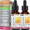 (2 verpakkingen) Biologische vitamine D3 K2 druppels 5000 IE met MCT olie Omega 3 - Maximale sterkte vloeibare D3 zonder fillers, Non-GMO voor snellere absorptie, Immune Support (Strawberry, 2 Fl Oz)