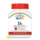 21e eeuw Vitamine D3 250 mcg (10.000 IE) Snelle afgifte Softgels, 110 Tel.