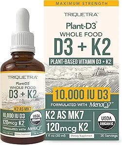 Organische Plant D3 + K2 - 10.000 ie - All-Trans MK7 van MenaQ7 (120 mcg K2)100% Biologische & Plant-Based Sublingual D3 Drops (Cholecalciferol), 100% Vegan - Ondersteunt Immuniteit, Bone, Mood & Brain (2 Pack)
