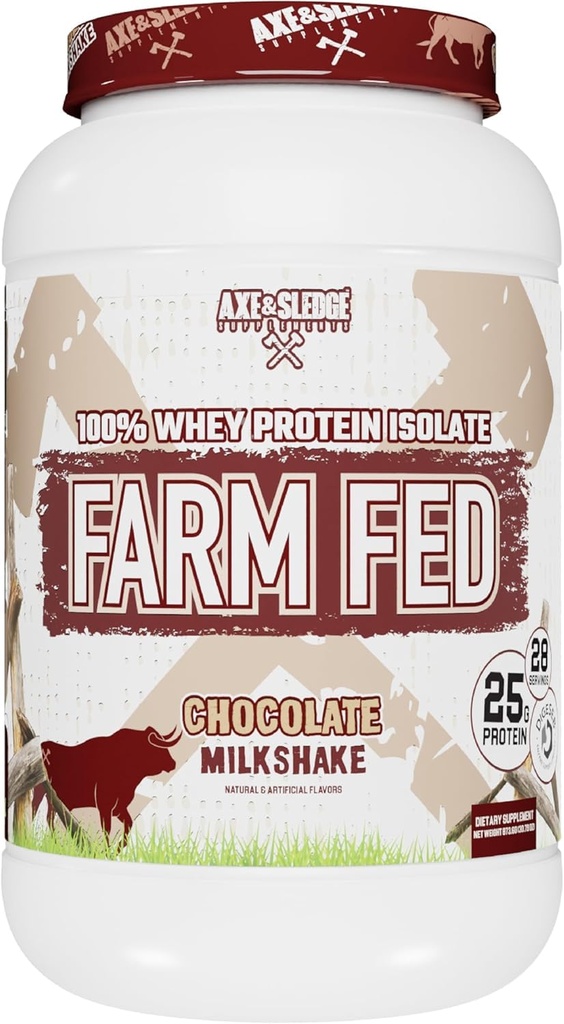Axe & Sledge Farm Fed 100% Whey Protein Isolate $ 25g Protein $ faible teneur en glucides, faible teneur en sucre, sans gluten $ poudre de protéines pour les hommes et les femmes $ Keto $ Fabriqué aux États-Unis $ 28 portions, chocolat milkshake