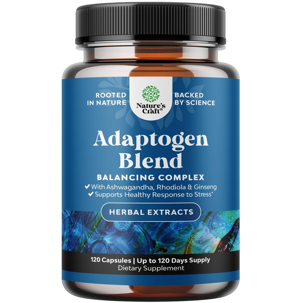 Herbal Adaptogen Mood Support Supplement - Calming Adaptogens Supplement voor Stress & Cortisol Management met Ashwagandha Rhodiola Rosea & Maca Root - Vegan Non GG & Daytime Friendly -120ct