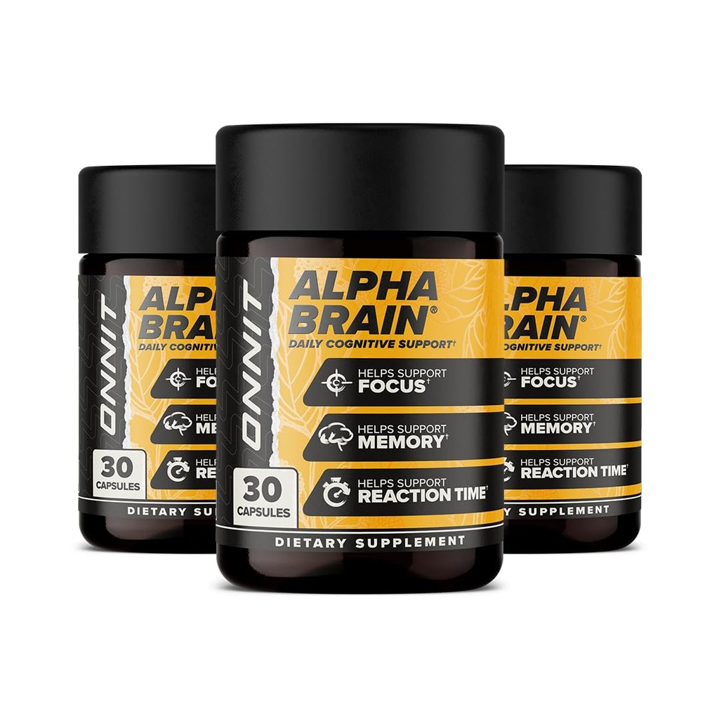 ONNIT Alpha Brain Nootropic Focus Capsules, Nootropics Brain Support Supplement voor geheugen, geestelijke helderheid en cognitieve ondersteuning met L-Theanine, Vitamine B6 en Huperzine A, 3-pack (90 Telt Totaal)