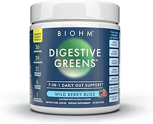 BIOHM Digestief Rood, Superfood Poeder (7.4 Oz, 30 Servers) Antioxidanten, Vitaminen, Probiotica, Digestieve Gezondheid voor vrouwen en mannen met Enzymen, Beet, Goji, Pomegrante, Red Berry Flavor