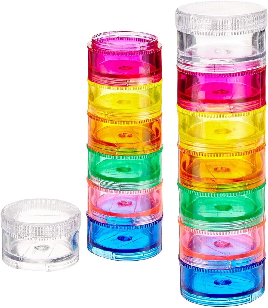 Deke Home - Stapelbare pil Organizer (2 Pack), 7 Dagen Week Pill Box Tower met Twist Lock Compartments, BPA-Free, Reizen Medicine Holder & Vitamin Dispenser, Compact & Portable Case, Regenboogkleurig