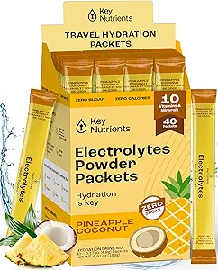 Paquets de poudre d'électrolytes - Paquets de noix de coco 40 d'ananas tropicaux - Poudre d'hydratation de voyage - Pas de sucre, pas de calories, sans gluten en poudre d'électrolytes - Fabriqué aux États-Unis