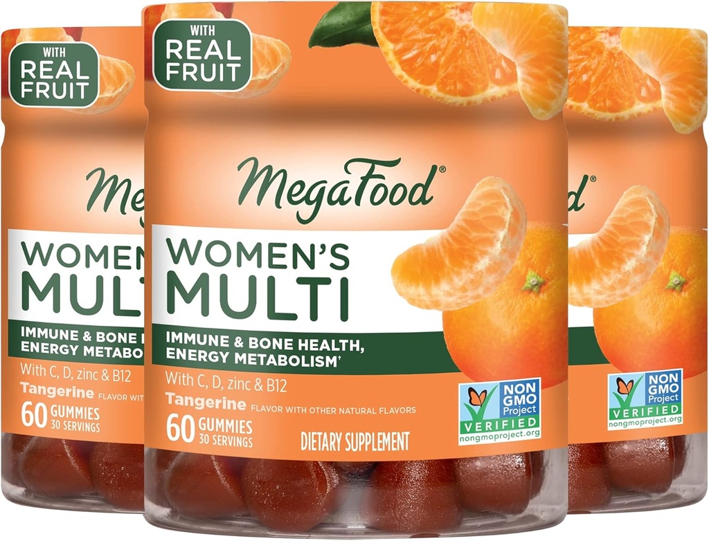 Multivitamines pour femmes MegaFood- Vitamines Gommy- Vitamine C, Vitamine D, Zinc, Vitamine B12 et Choline- Soutien immunitaire et santé osseuse- Végétarienne- Tangerine- 60 Gommies(30 portions) 3 Pack