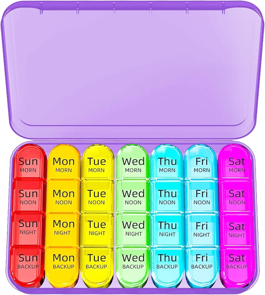 Odaro Weekly Pillen Organisator 4 keer per dag, Dagelijkse Pillen Box 7 Dag, Grote Reizen Pillen Case met 28 Compartiment om Medicine, Vitamine en Supplement - Paarse Case