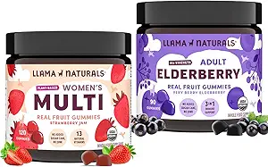 Lama Naturals Adultes Gommies de mûre aînée + Gommies multivitamines pour femmes Bundle , non ajouté Cane de sucre , Vegan , biologique , 2 bouteilles