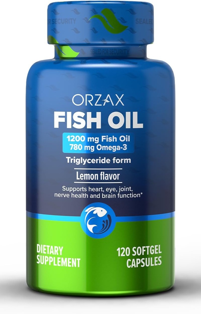 ORZAX Omega 3 Visolie 1200 mg - EPA DHA Omega 3 Supplement - Bevordert hart, oog, gewrichts, nerve, immuun, hersenen en bloed gezondheid - Burpless & Citroen Flavored - Non-GMO - 120 Softgels - 60 Day Supply